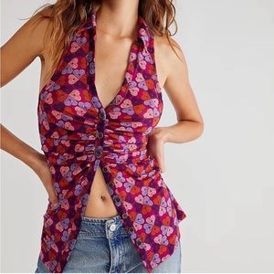 Free People Boho Heart Print Lucky Vest Tank Top Button Front